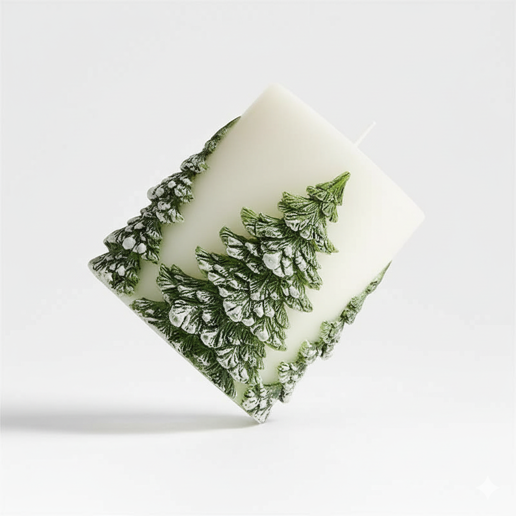 White Pillar Candle with Embossed Green Pine Trees