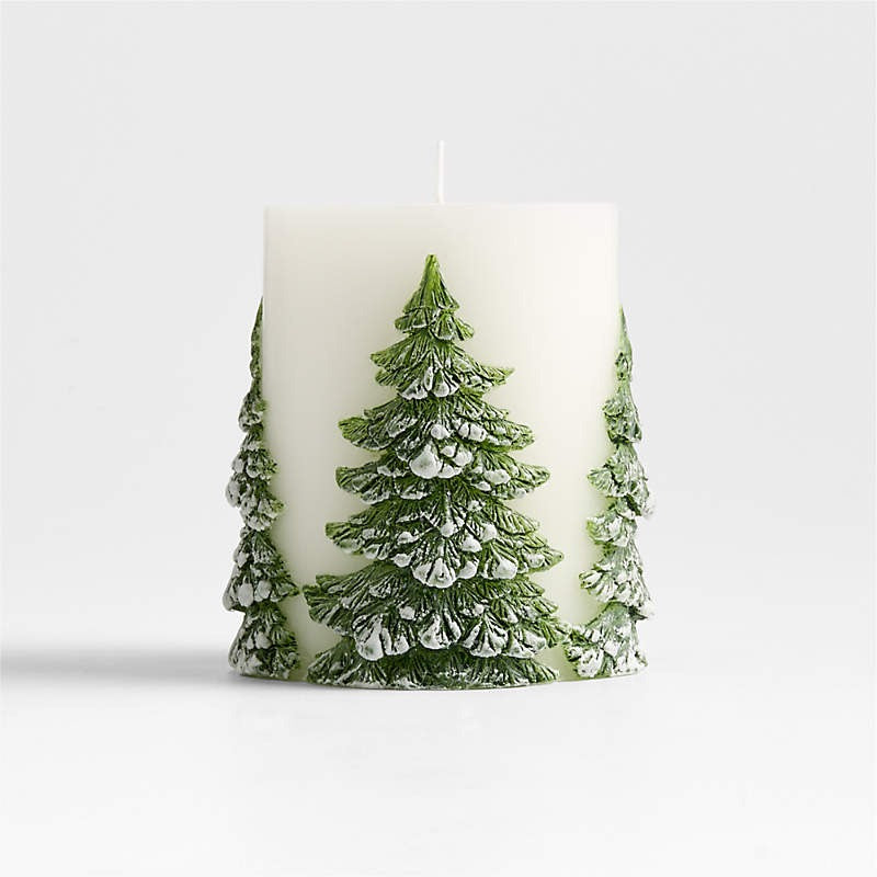 White Pillar Candle with Embossed Green Pine Trees