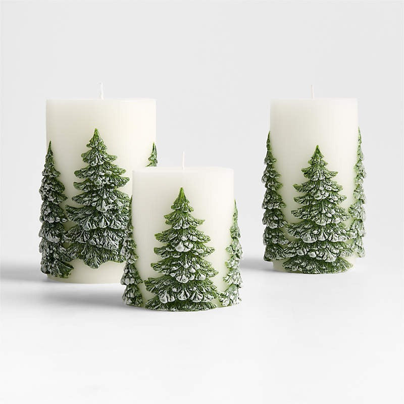 White Pillar Candle with Embossed Green Pine Trees