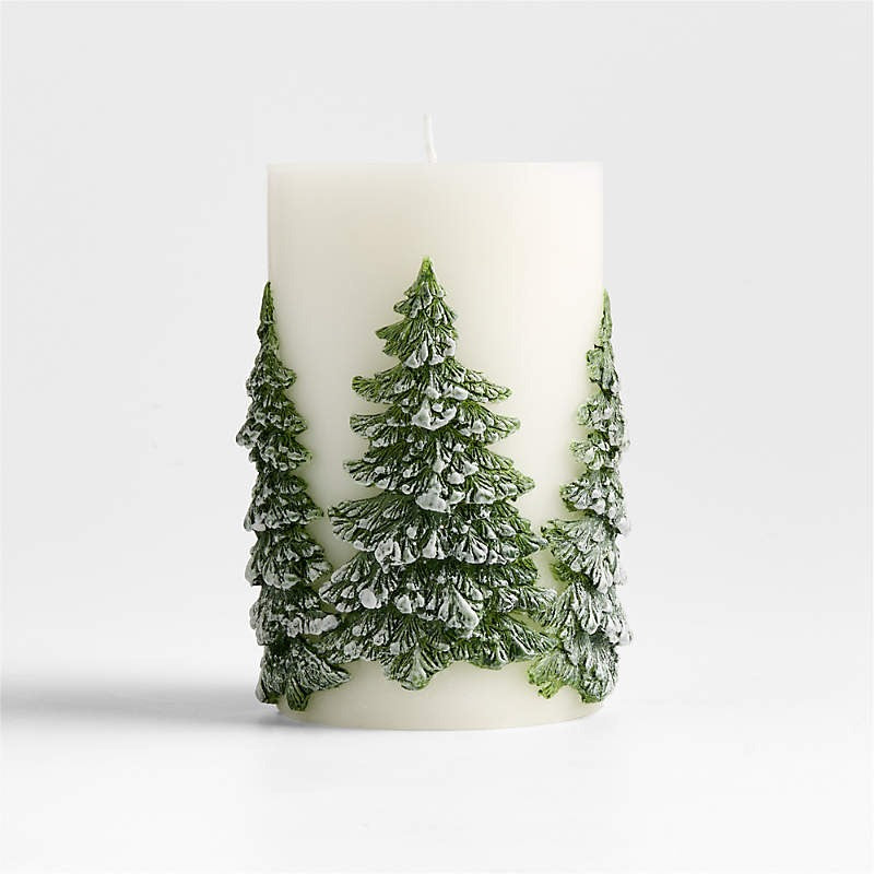 White Pillar Candle with Embossed Green Pine Trees